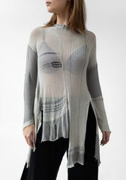 Asymmetric Distressed Detail Semi-Sheer Knit Tunic