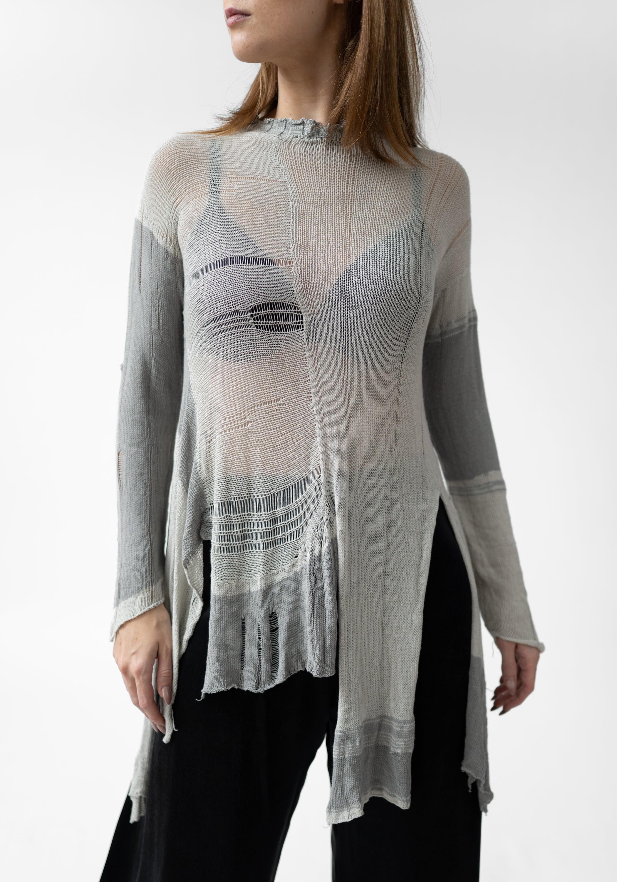 Asymmetric Distressed Detail Semi-Sheer Knit Tunic