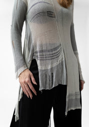 Asymmetric Distressed Detail Semi-Sheer Knit Tunic