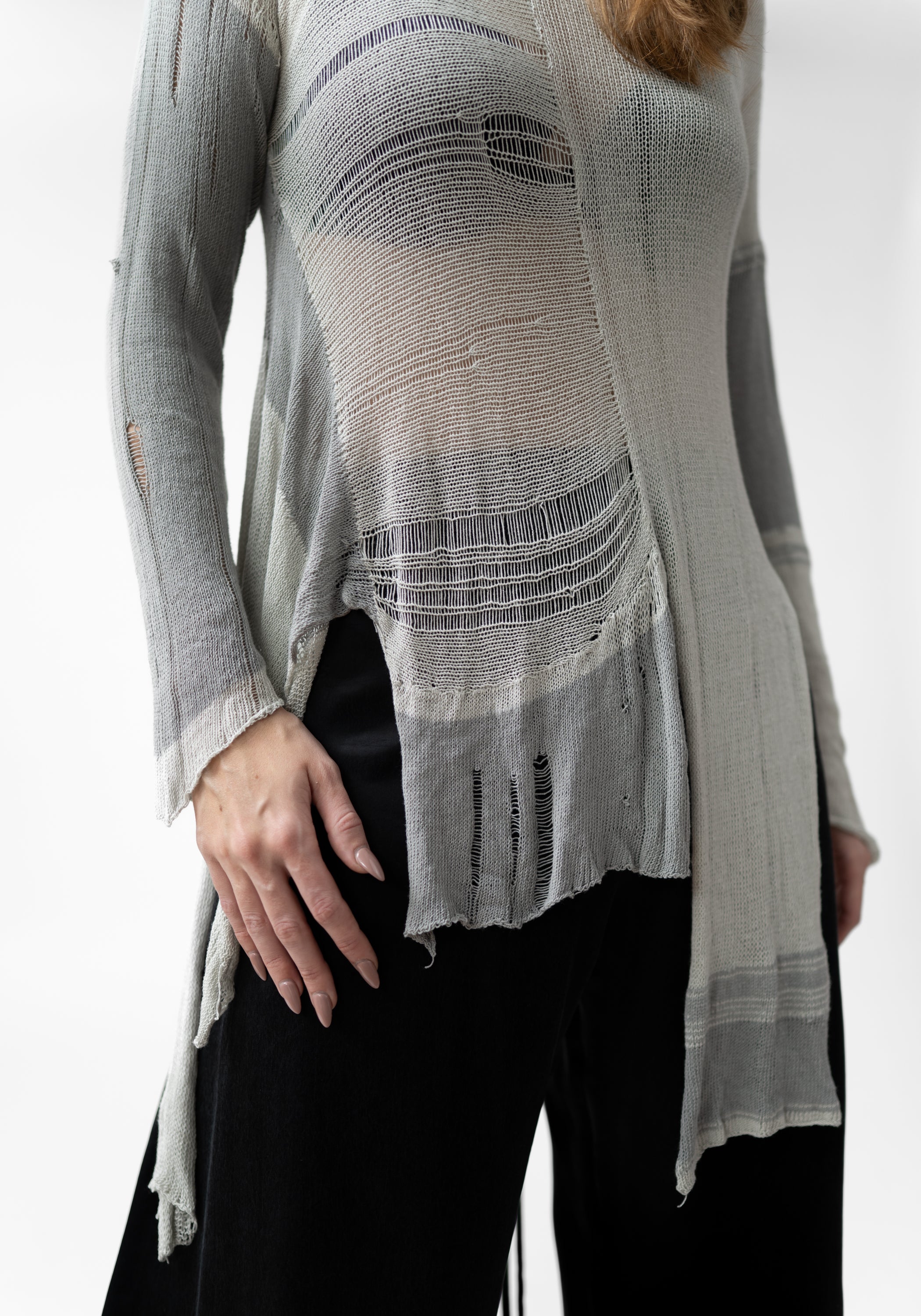 Asymmetric Distressed Detail Semi-Sheer Knit Tunic