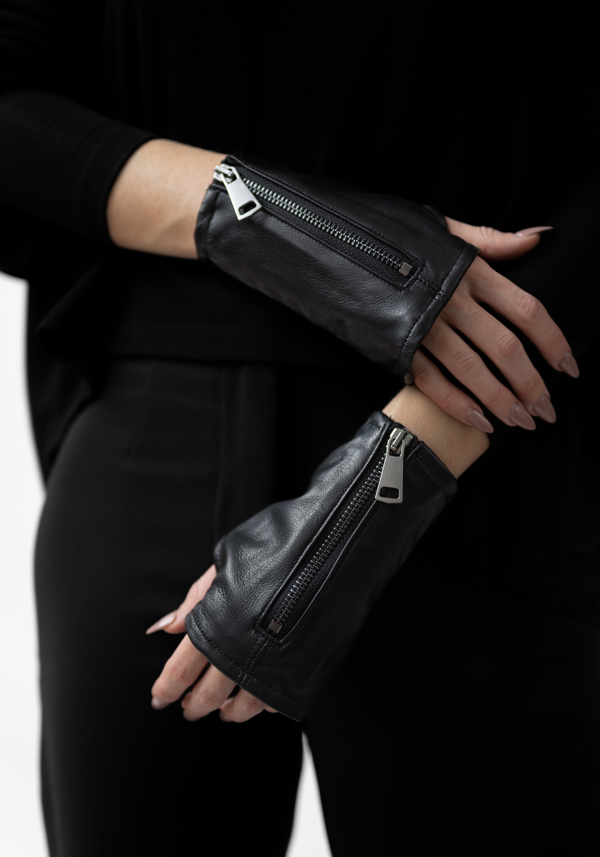 Nappa Leather and Ribbed Jersey Fingerless Gloves