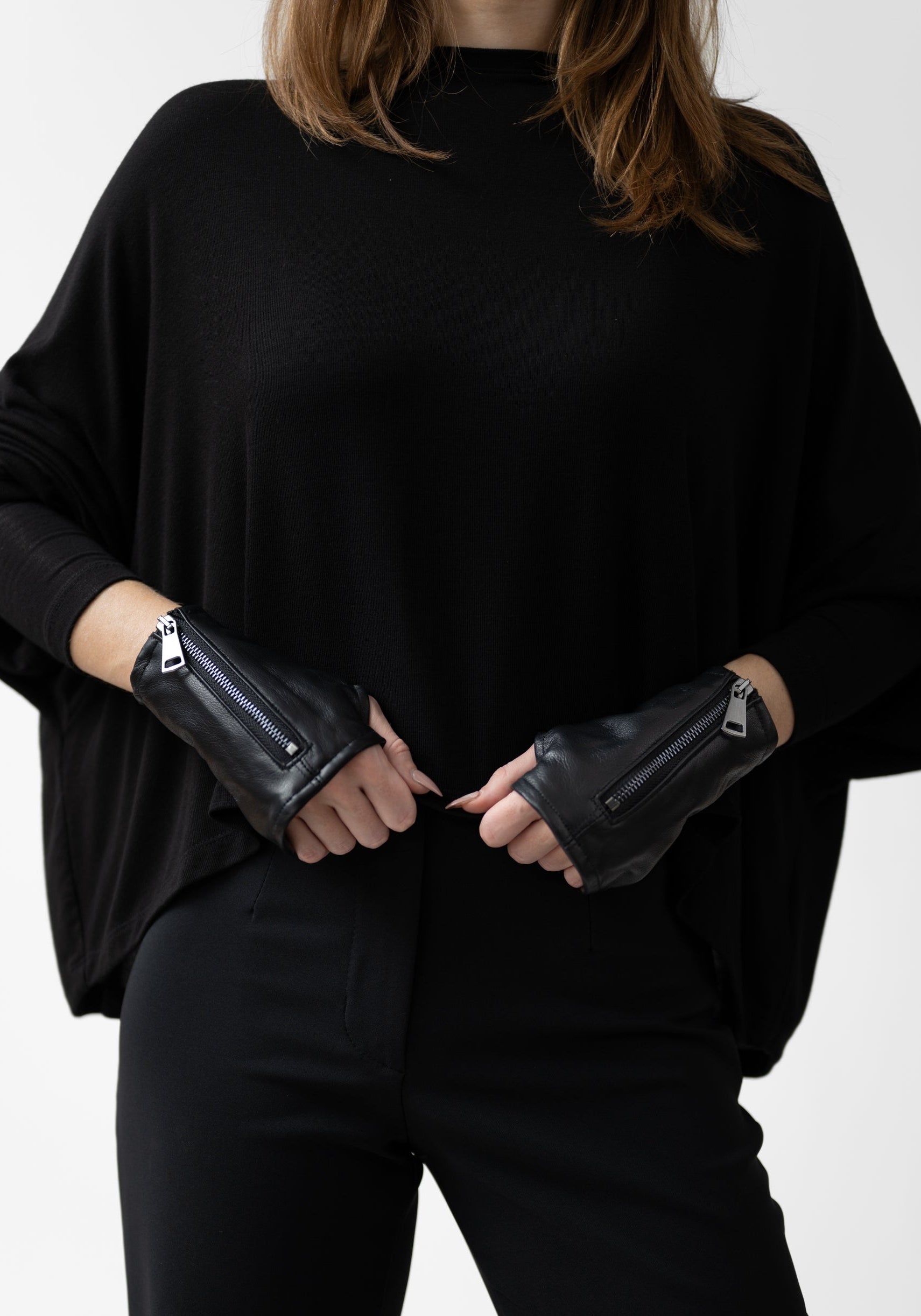 Nappa Leather and Ribbed Jersey Fingerless Gloves