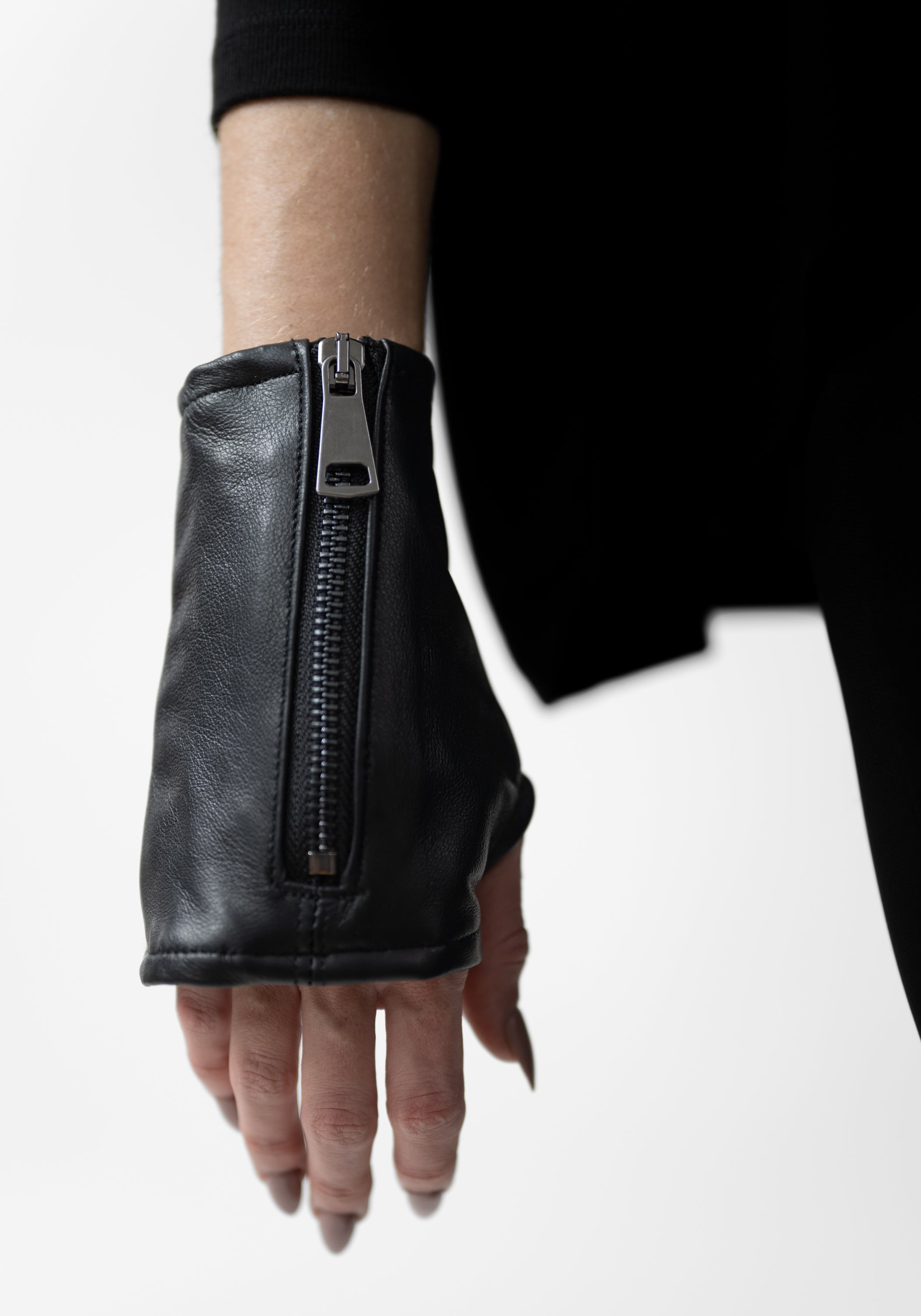 Nappa Leather and Ribbed Jersey Fingerless Gloves