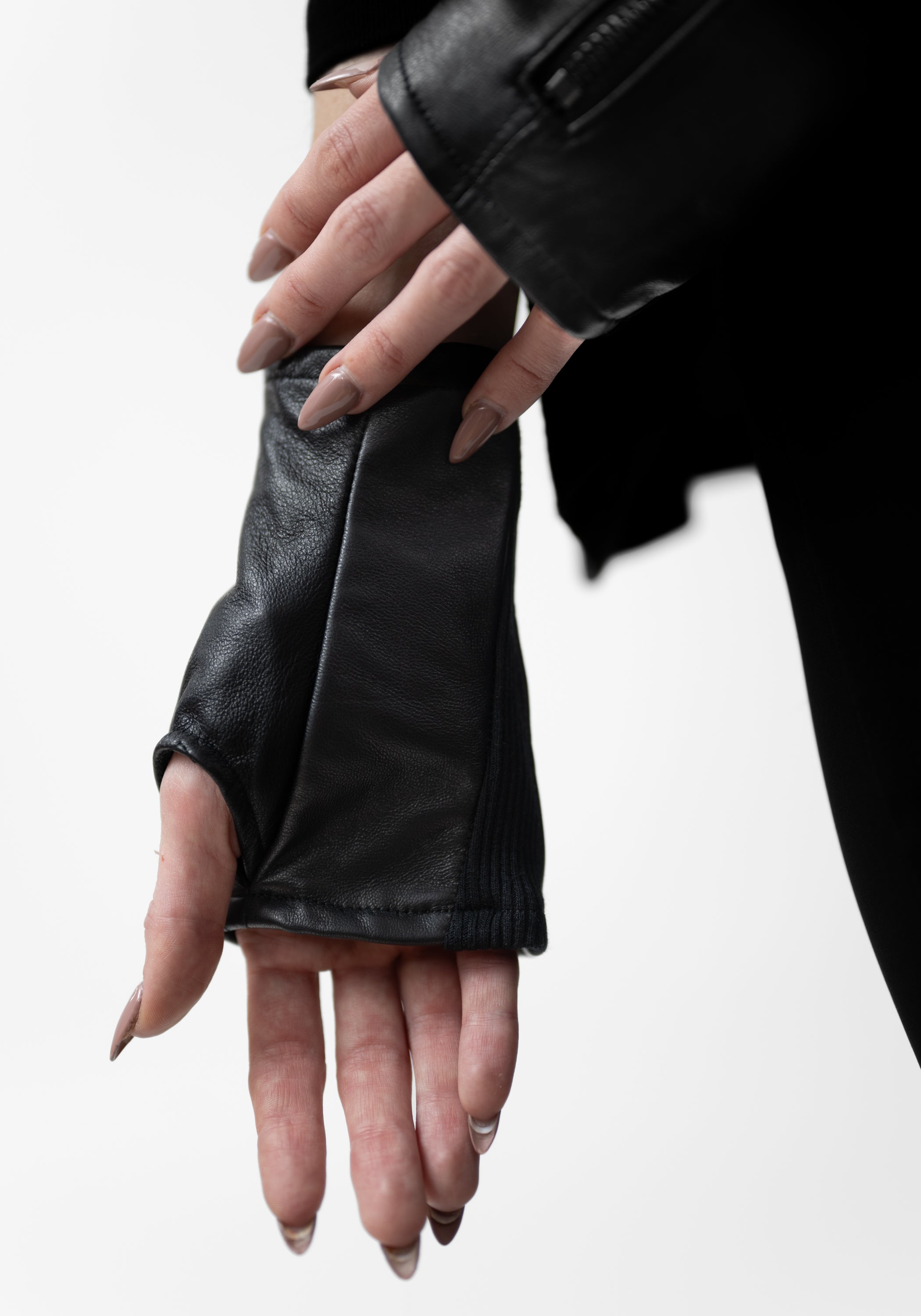 Nappa Leather and Ribbed Jersey Fingerless Gloves