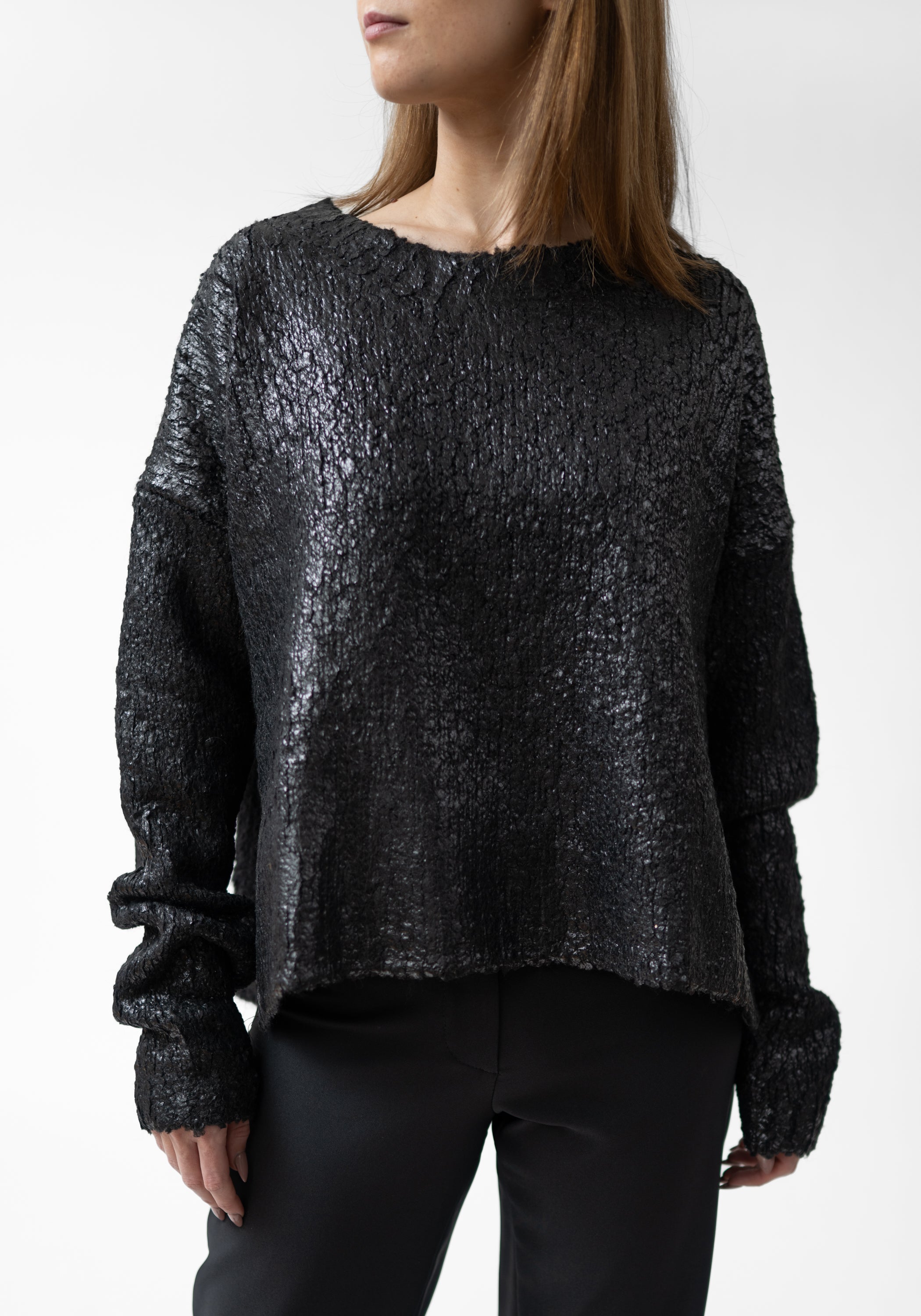 Laminated Wool Blend Knit Pullover
