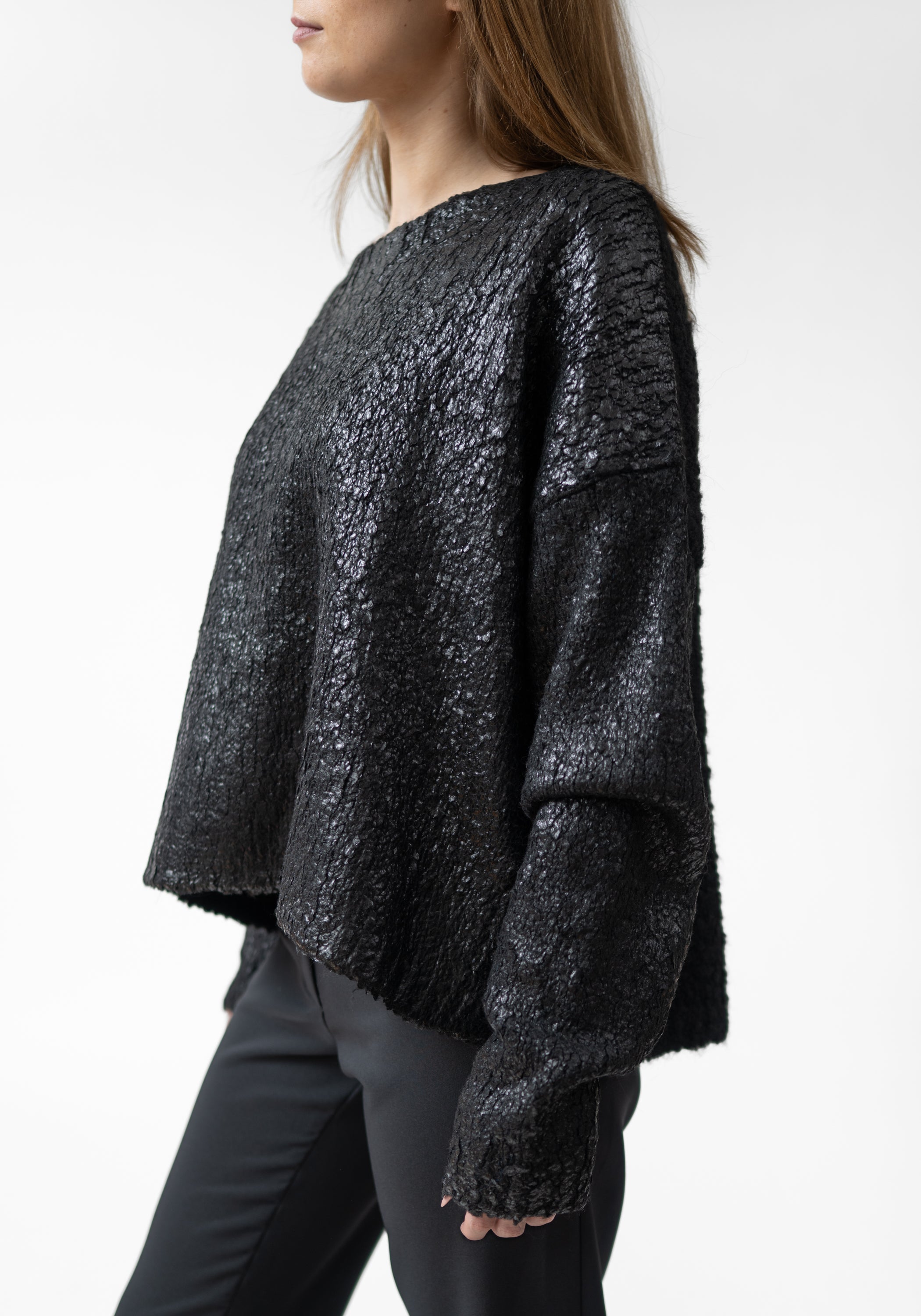 Laminated Wool Blend Knit Pullover