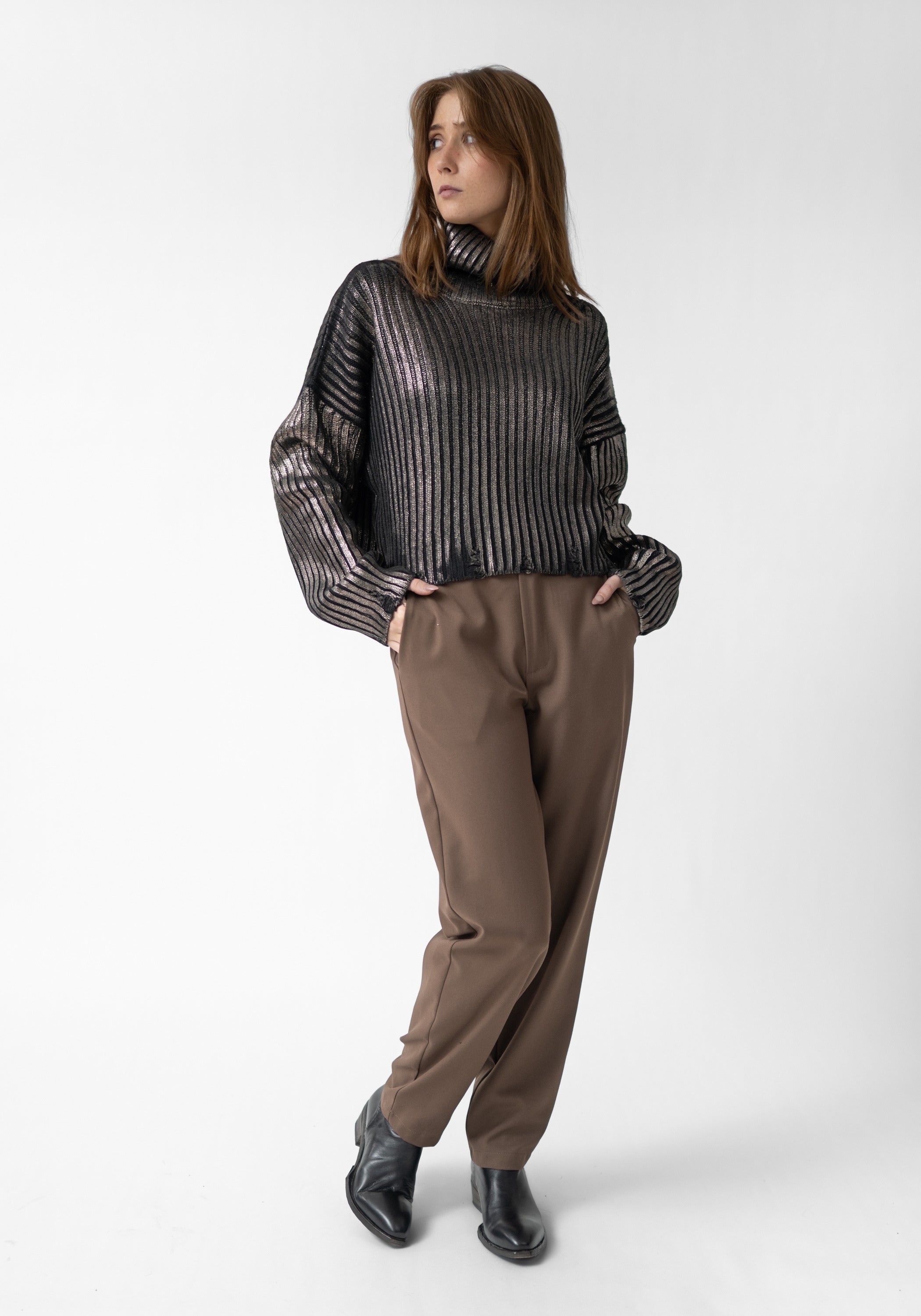 Laminated Bronze Ribbed Knit High Neck Pullover