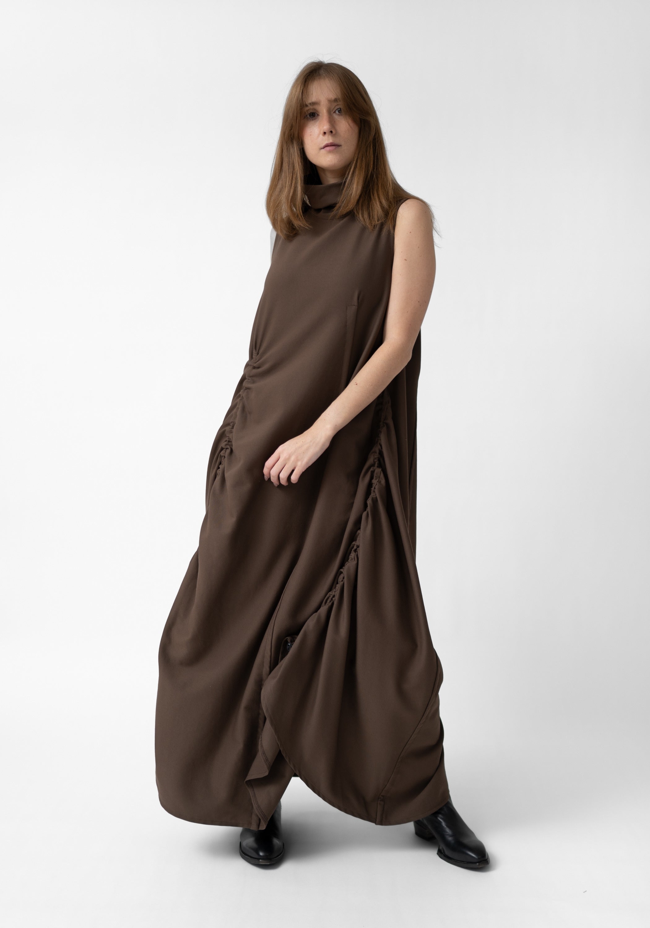 High Neck Ruche Detail Maxi Dress