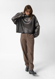 Laminated Bronze Ribbed Knit High Neck Pullover