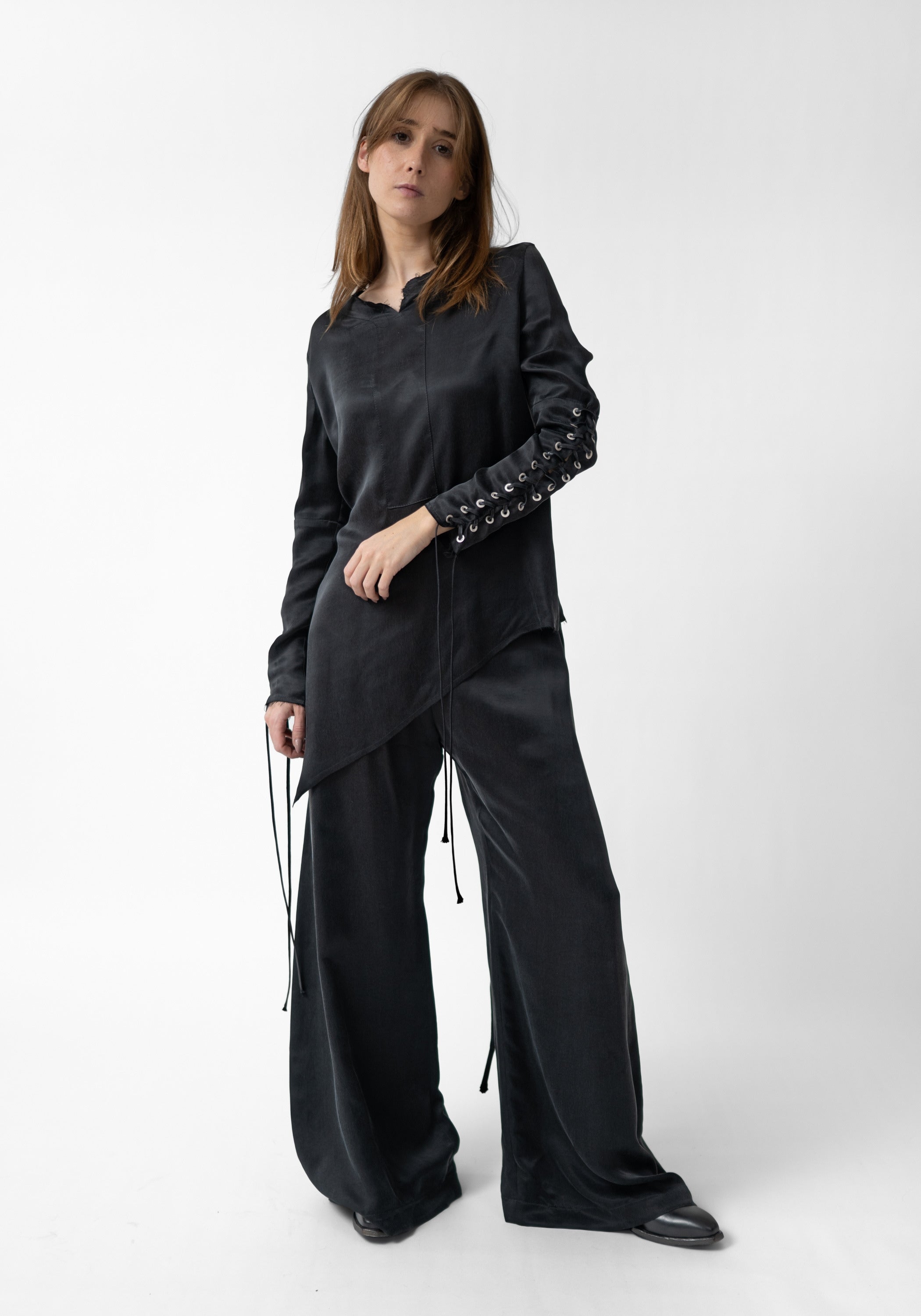 Lacing Detail Long Sleeve Cupro Top