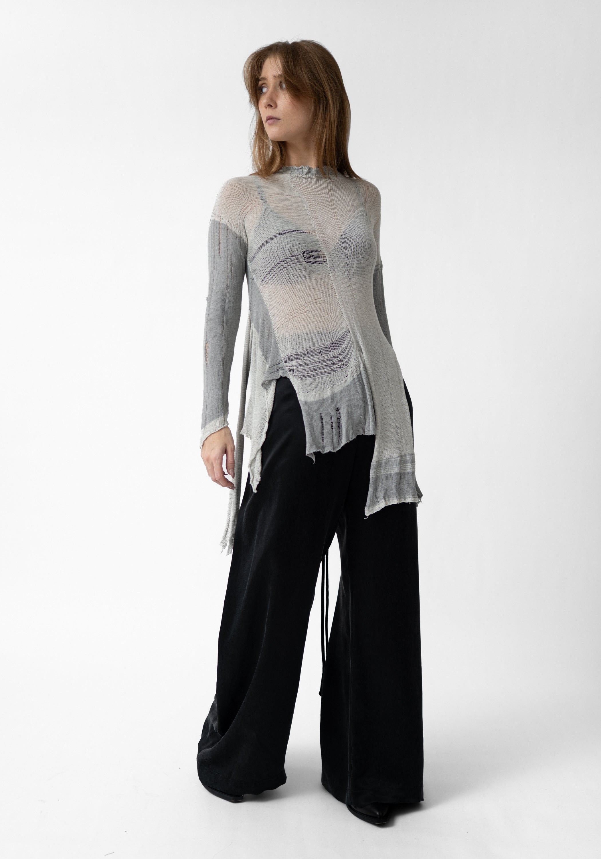 Asymmetric Distressed Detail Semi-Sheer Knit Tunic