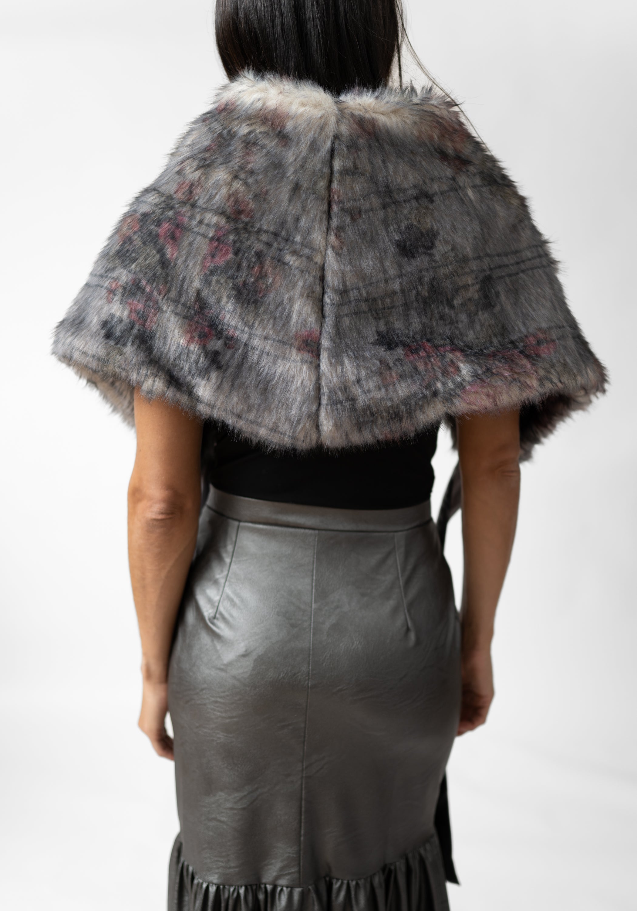 Dark Florals Print Faux Fur Tie Shrug