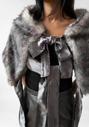 Dark Florals Print Faux Fur Tie Shrug