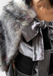 Dark Florals Print Faux Fur Tie Shrug