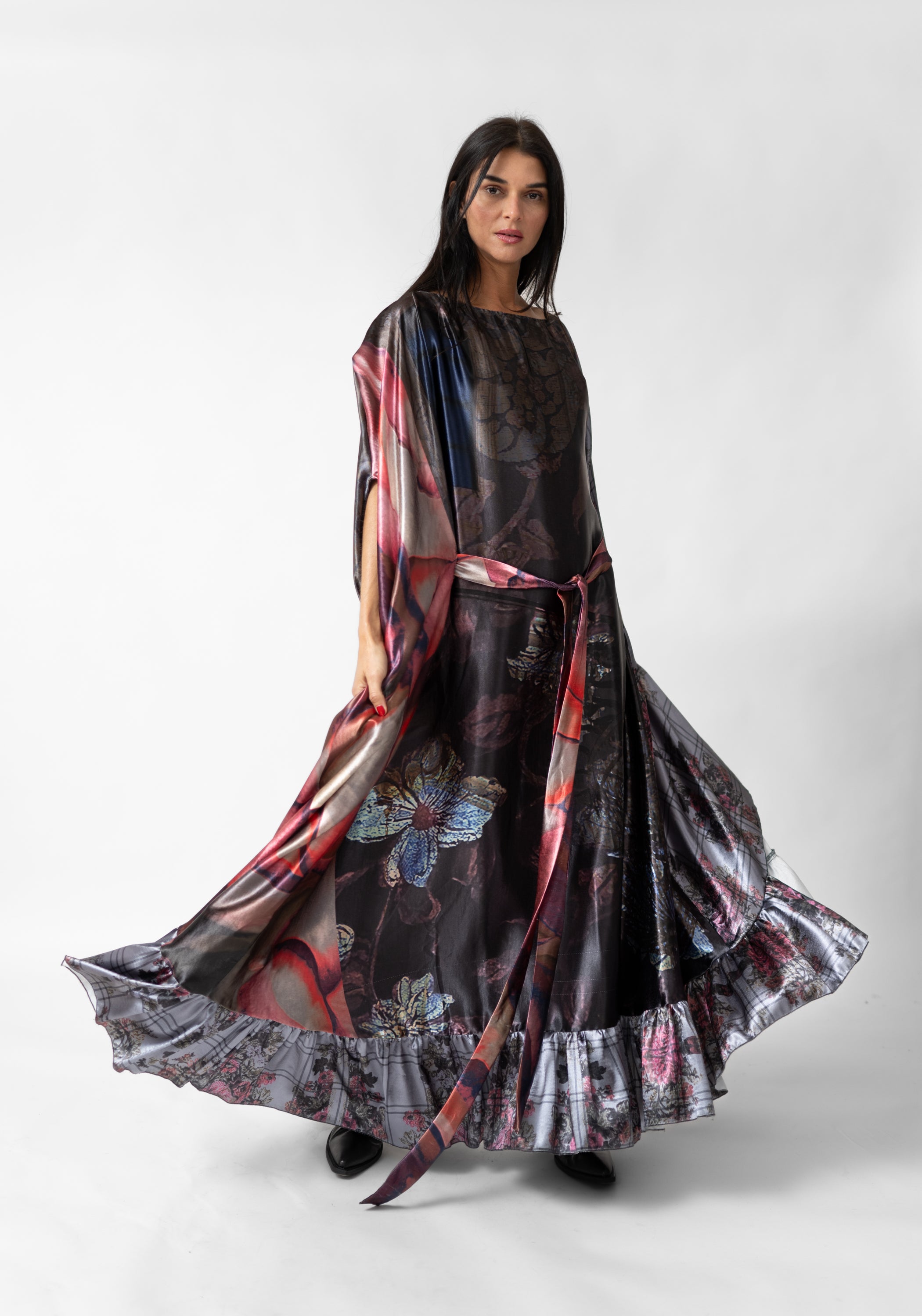 Florals and Plaid Print Oversized Ruffle Maxi Dress