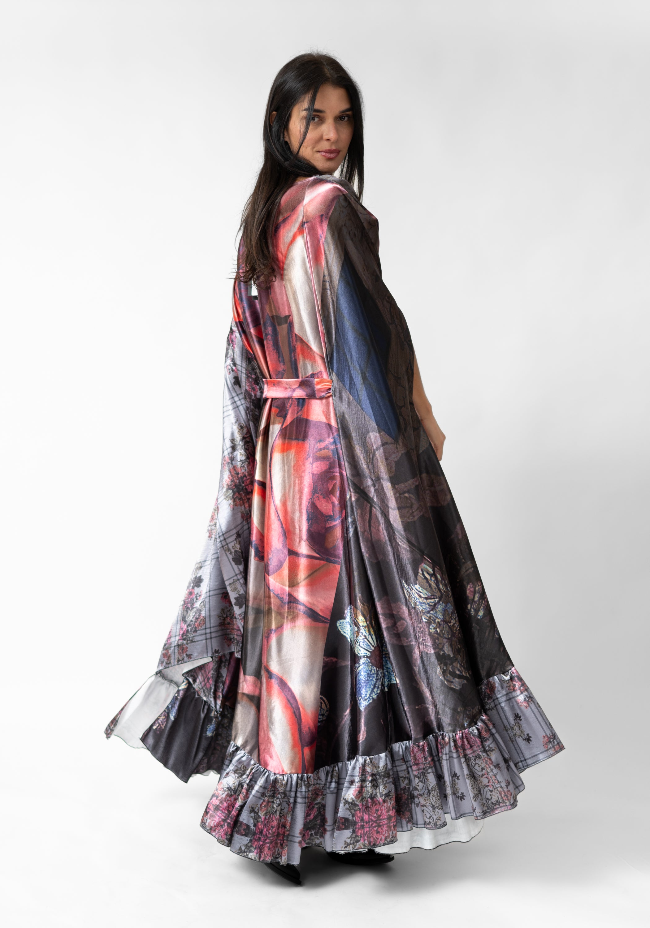 Florals and Plaid Print Oversized Ruffle Maxi Dress