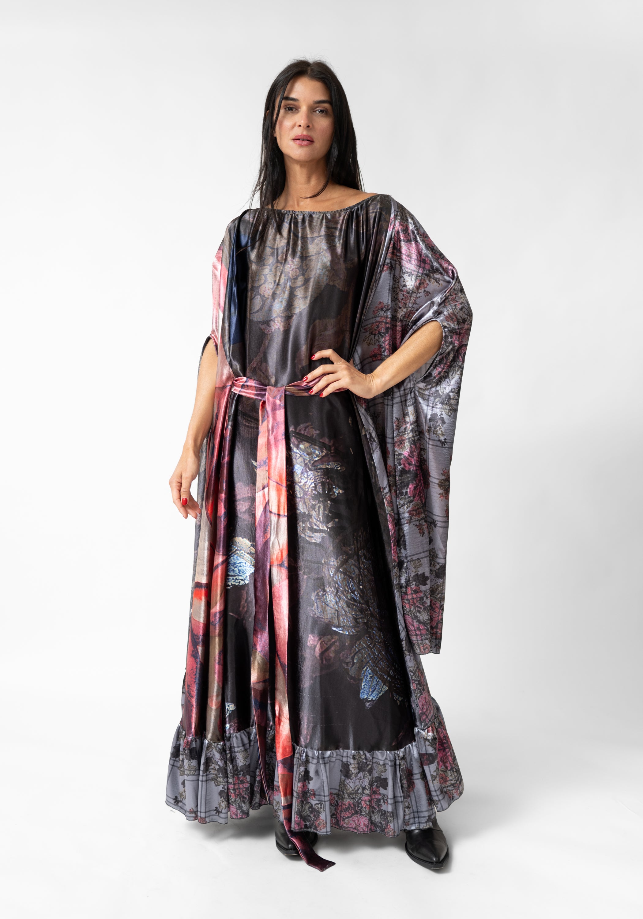 Florals and Plaid Print Oversized Ruffle Maxi Dress