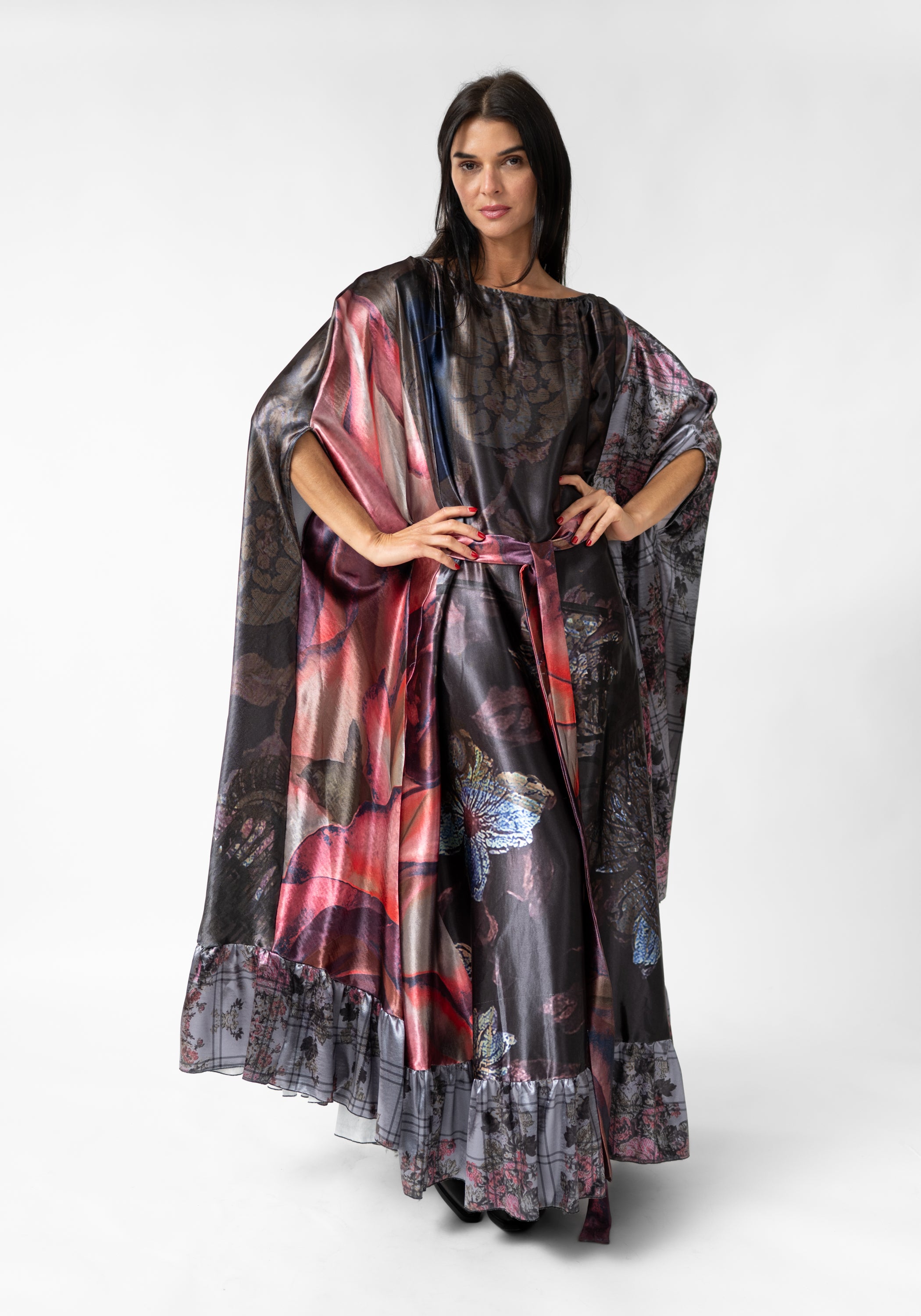 Florals and Plaid Print Oversized Ruffle Maxi Dress