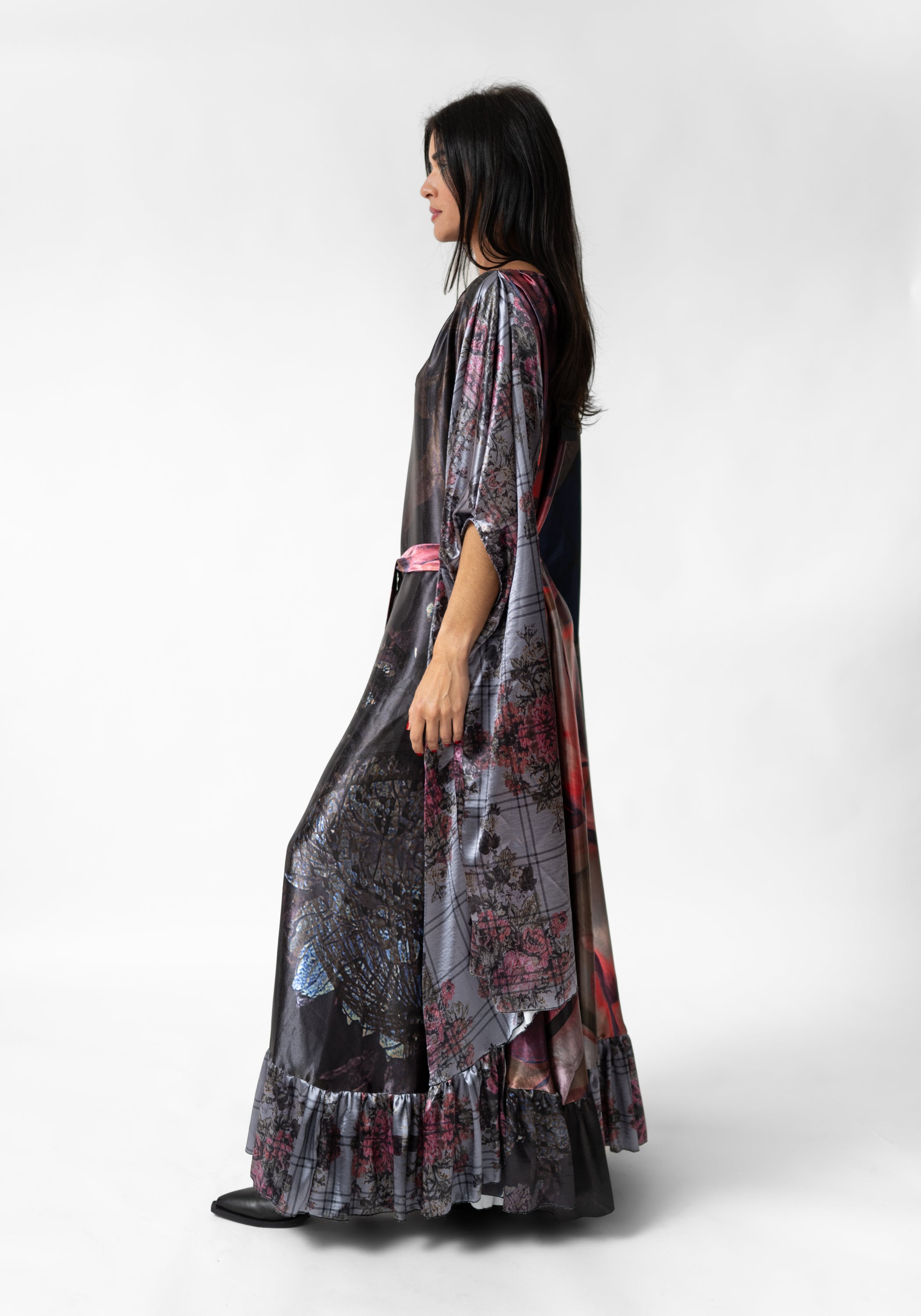 Florals and Plaid Print Oversized Ruffle Maxi Dress