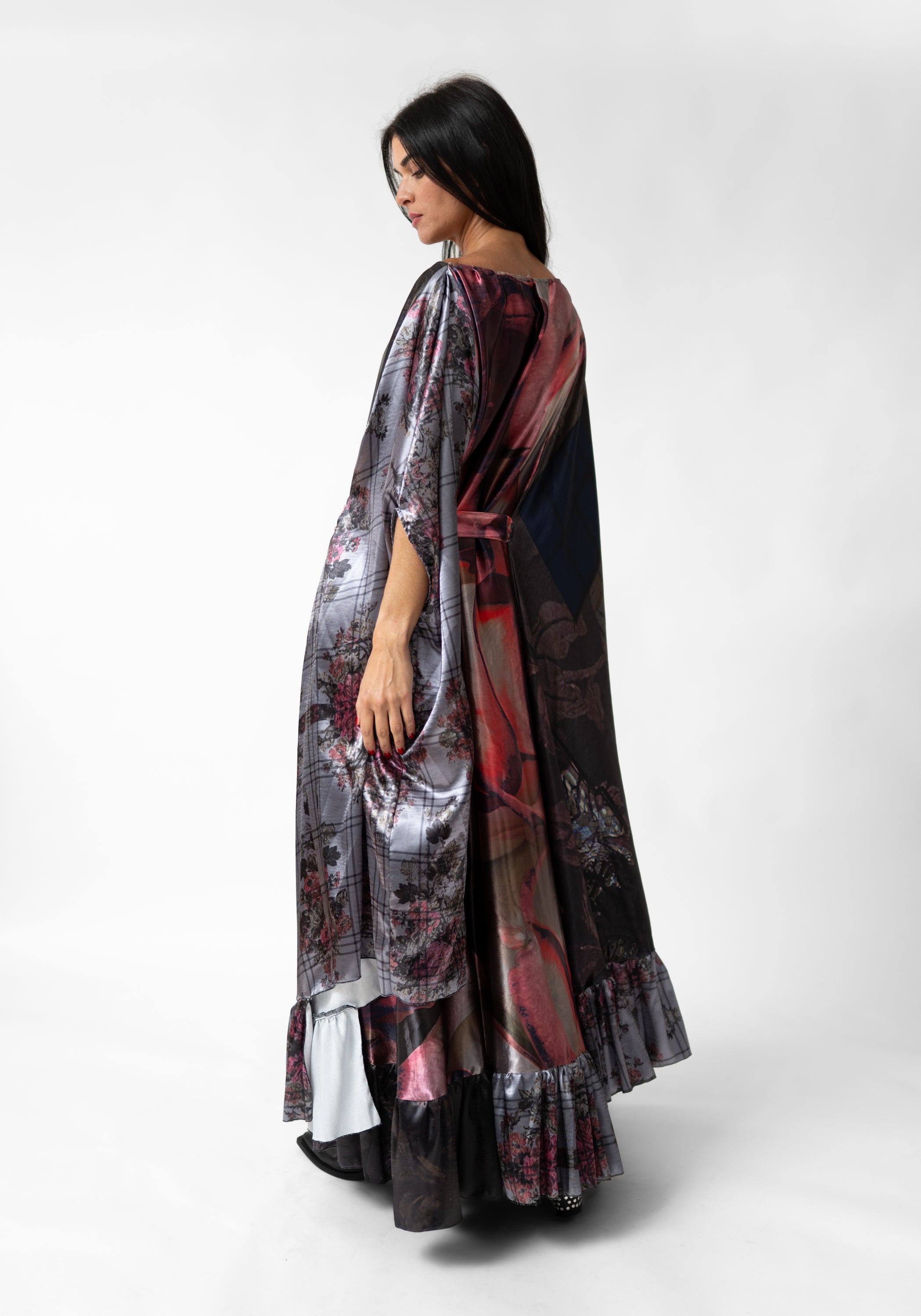 Florals and Plaid Print Oversized Ruffle Maxi Dress