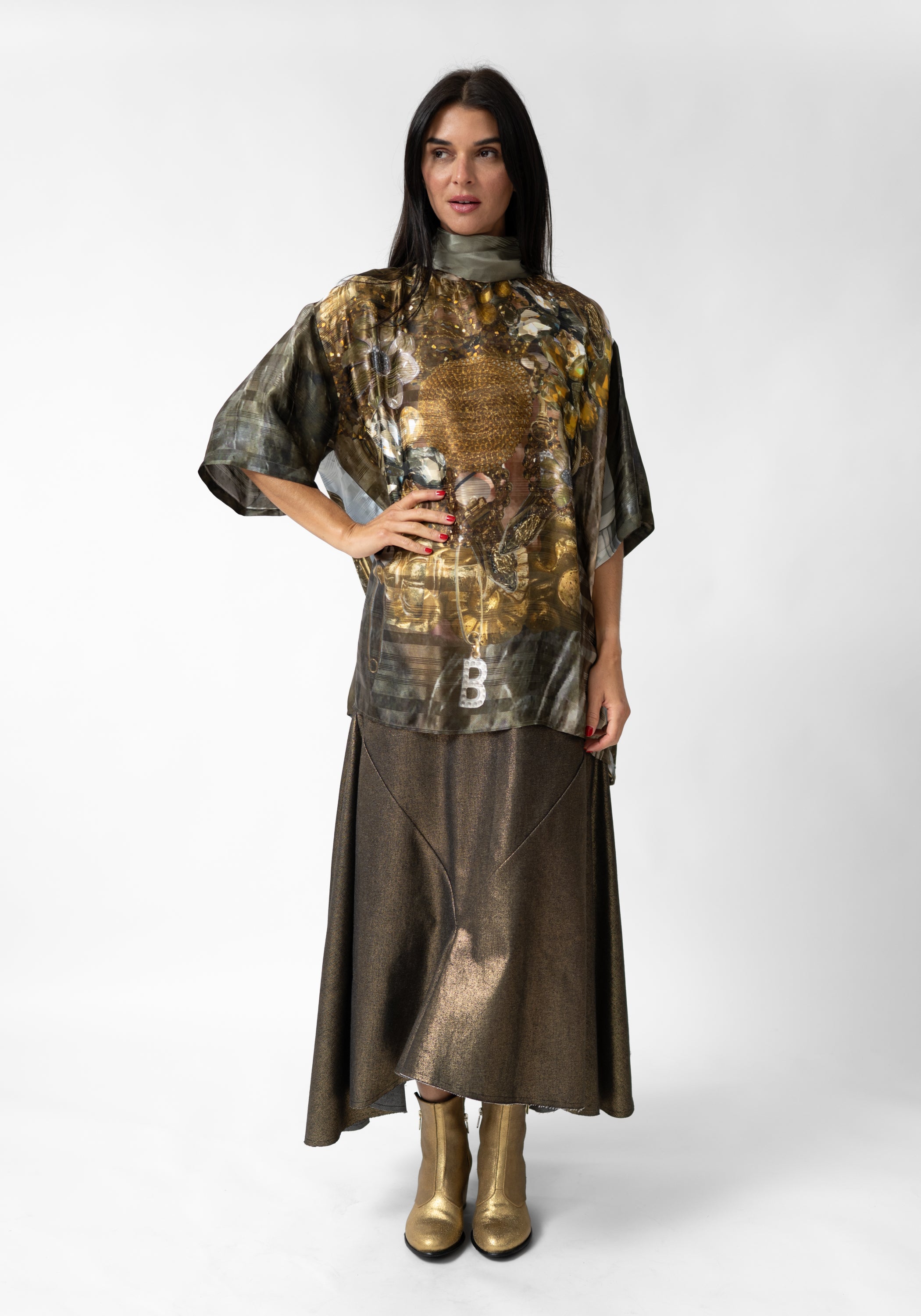 Gold Gems and Mirror Print High Zip Neck Pullover Blouse