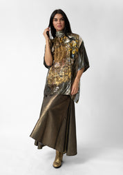 Gold Gems and Mirror Print High Zip Neck Pullover Blouse
