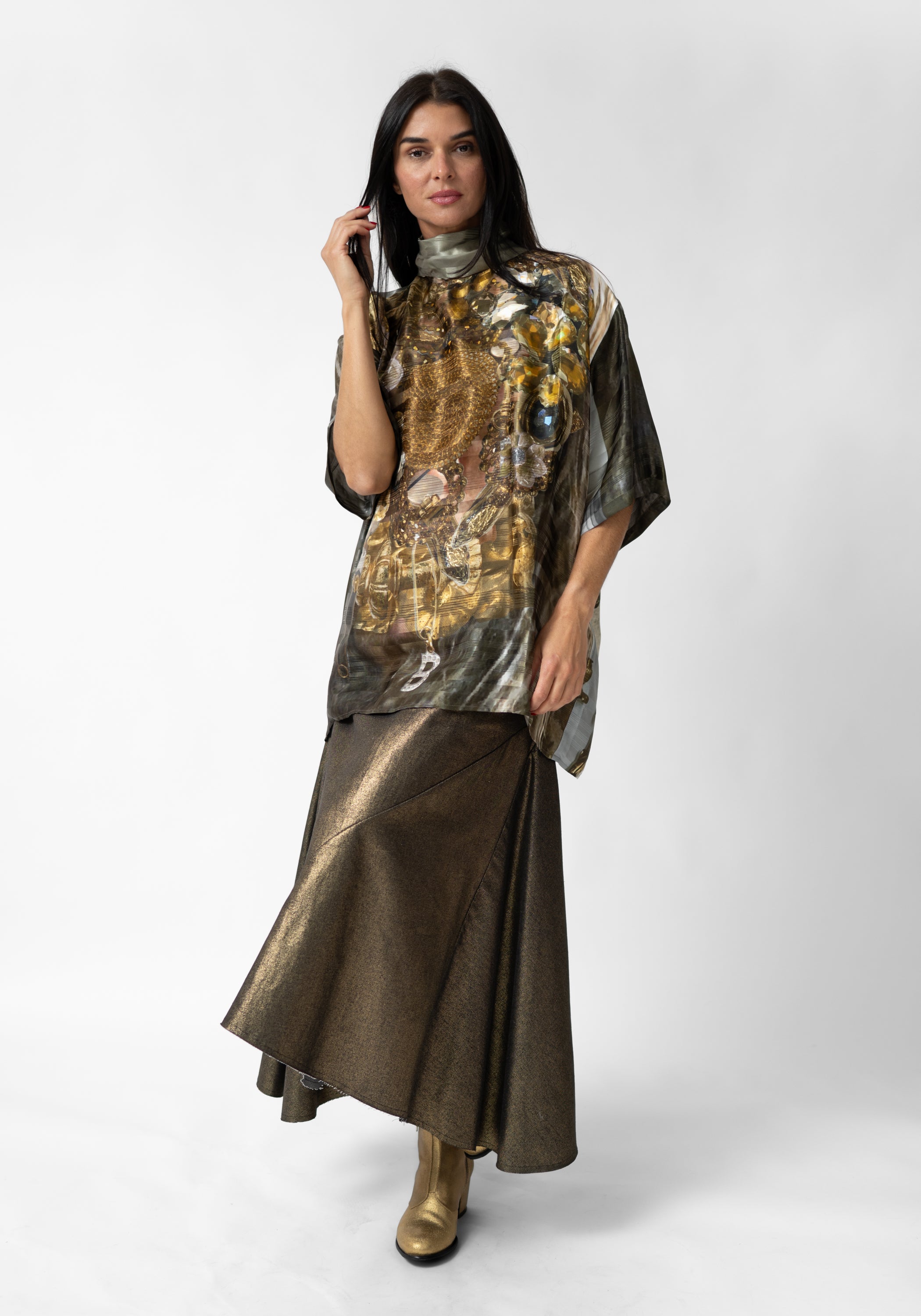 Gold Gems and Mirror Print High Zip Neck Pullover Blouse