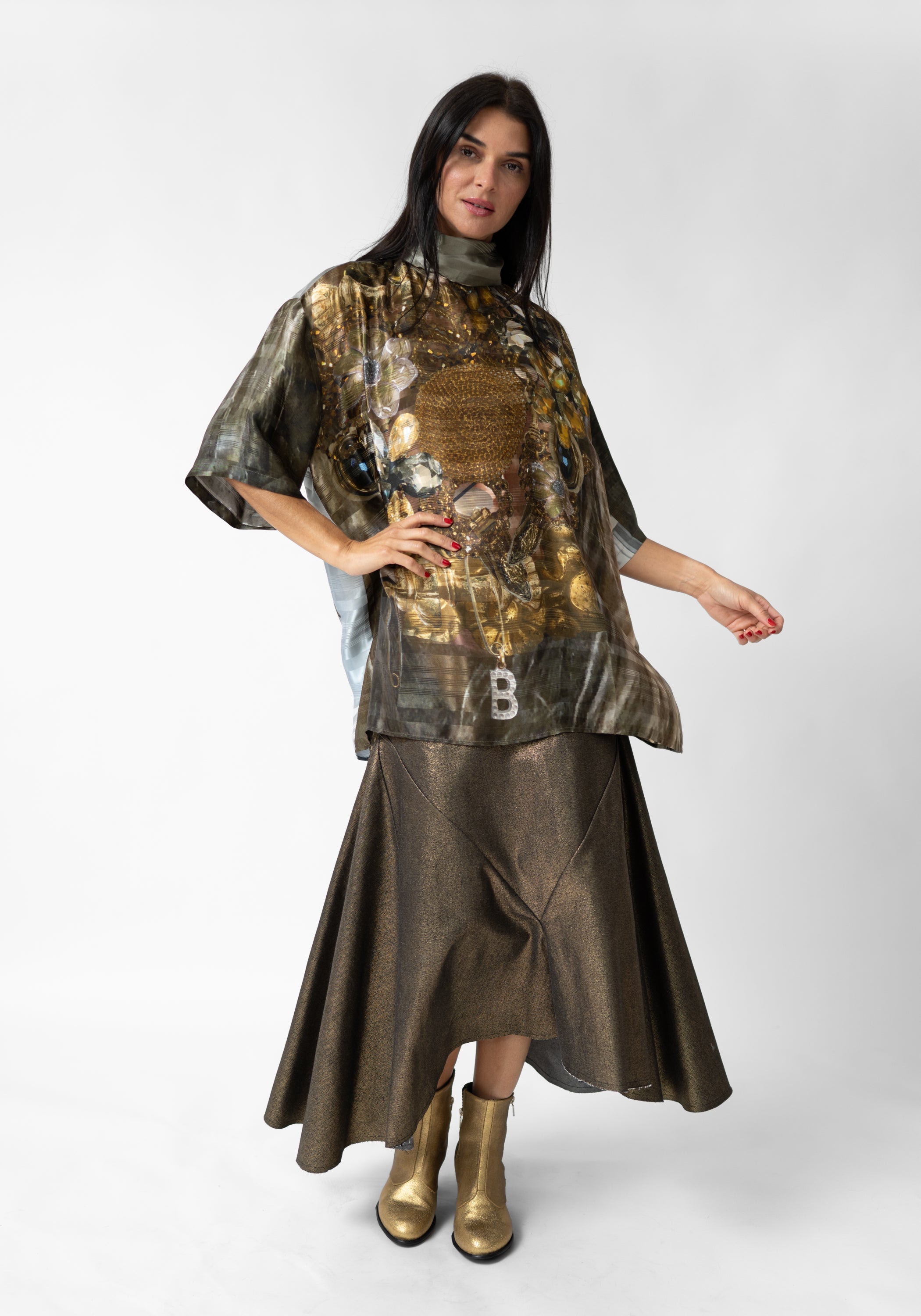 Gold Gems and Mirror Print High Zip Neck Pullover Blouse