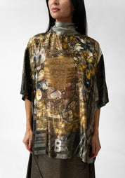 Gold Gems and Mirror Print High Zip Neck Pullover Blouse