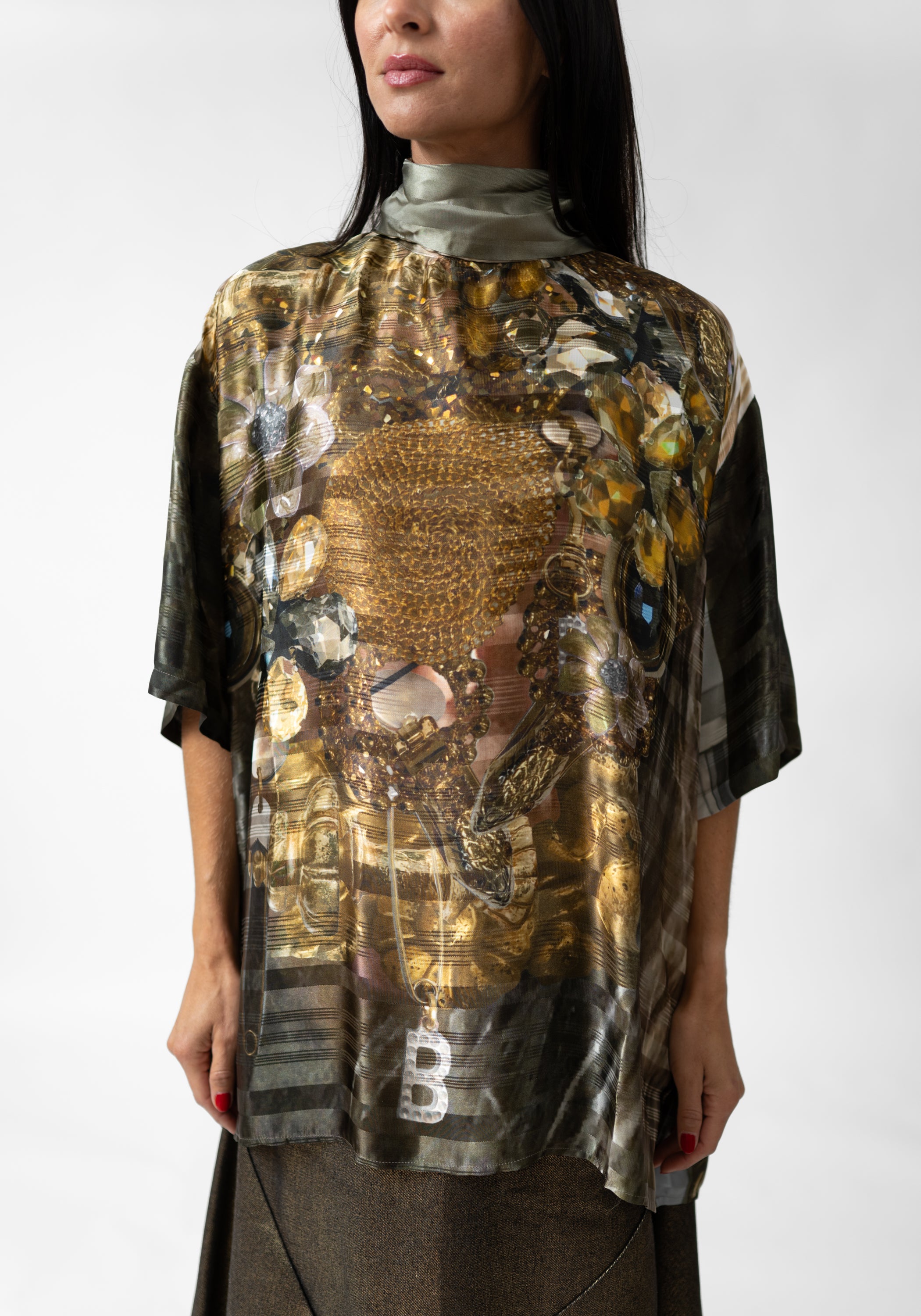 Gold Gems and Mirror Print High Zip Neck Pullover Blouse