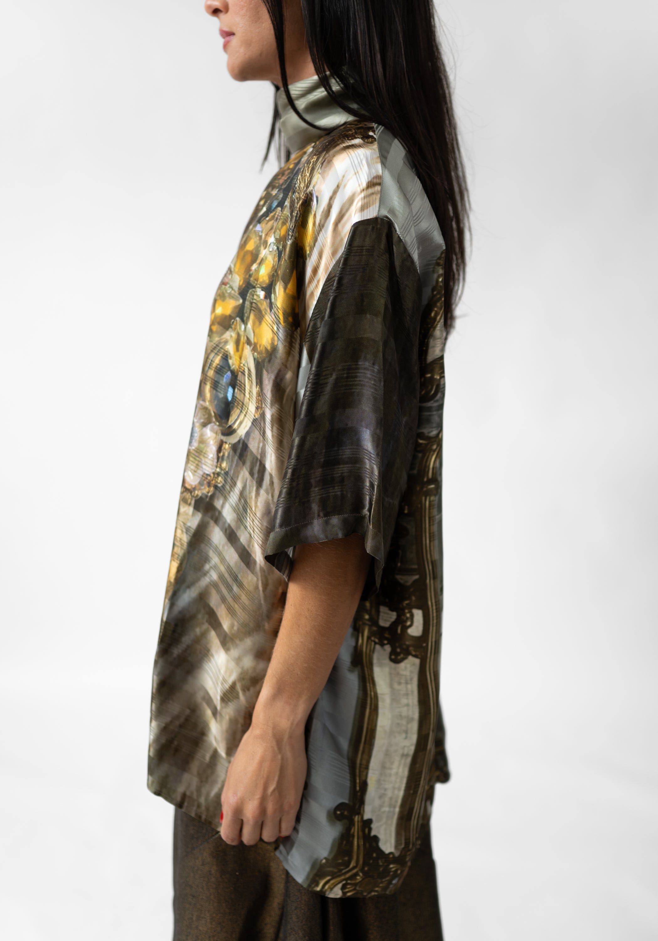Gold Gems and Mirror Print High Zip Neck Pullover Blouse