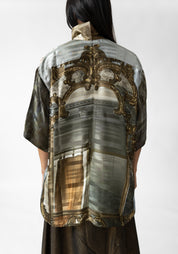 Gold Gems and Mirror Print High Zip Neck Pullover Blouse