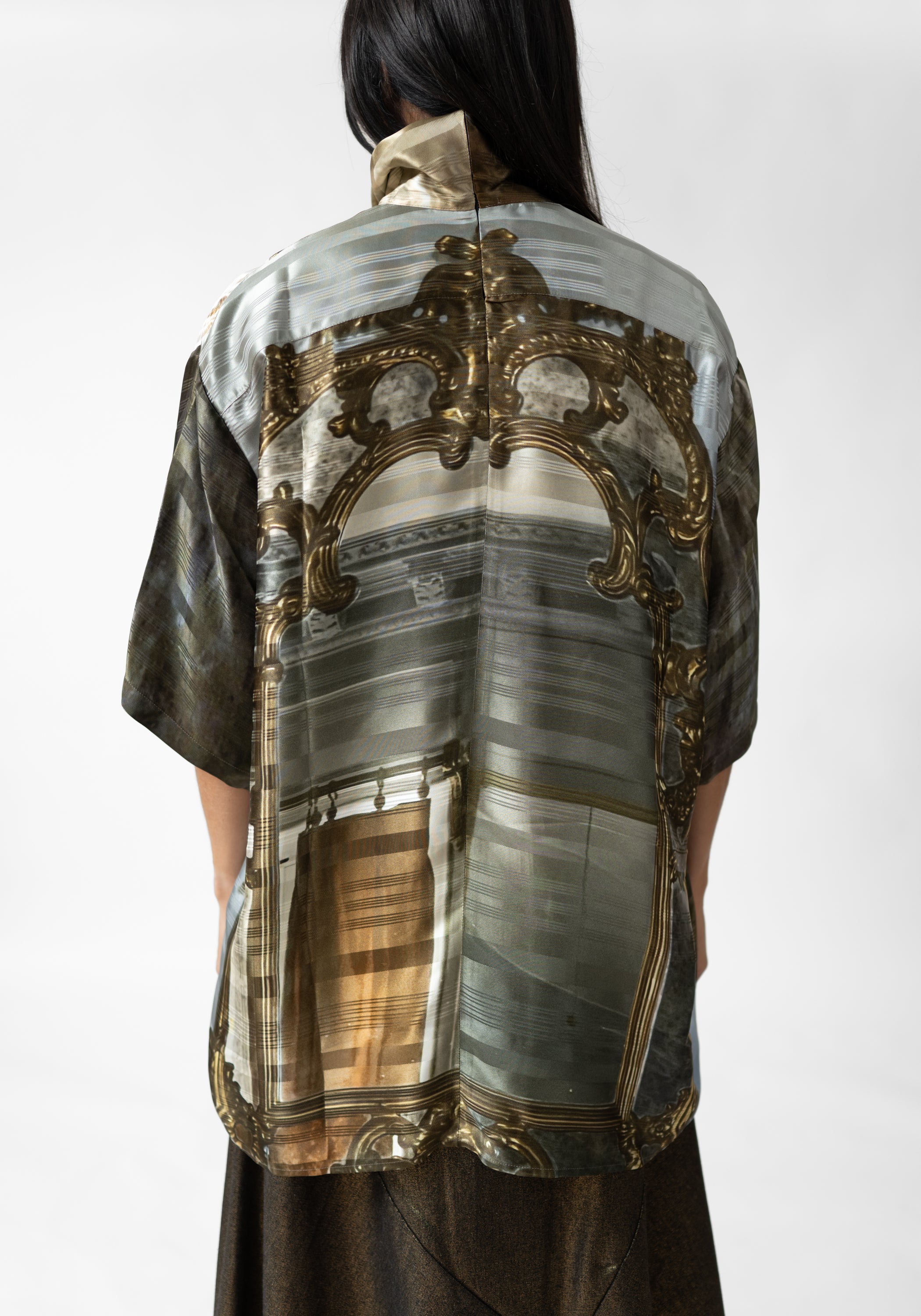 Gold Gems and Mirror Print High Zip Neck Pullover Blouse