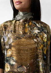 Gold Gems and Mirror Print High Zip Neck Pullover Blouse