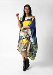 Textile Print Oversized Draped Front Wool Blend Dress