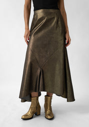 Asymmetric Paneled Metallic Denim Maxi Skirt