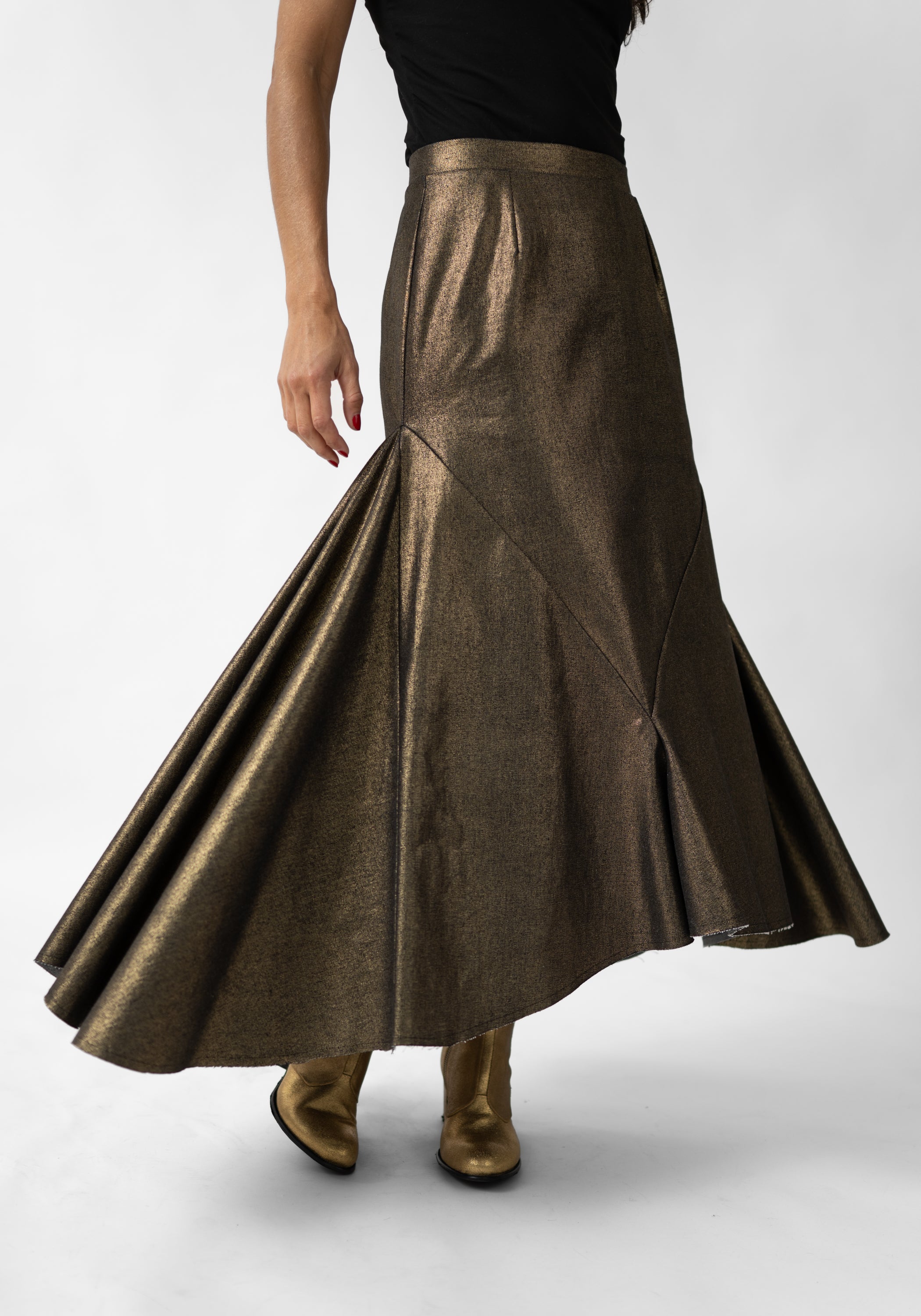 Asymmetric Paneled Metallic Denim Maxi Skirt