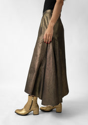 Asymmetric Paneled Metallic Denim Maxi Skirt