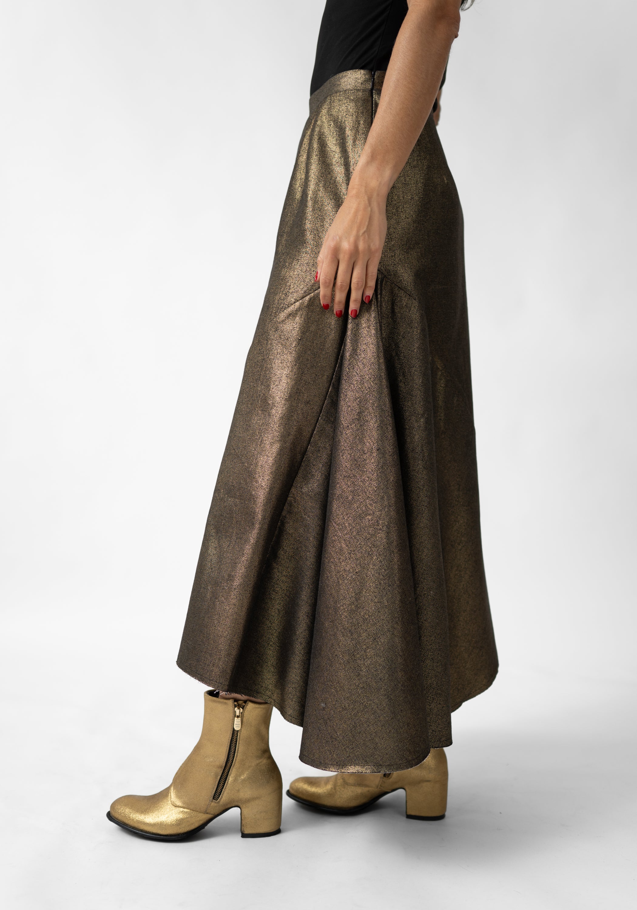 Asymmetric Paneled Metallic Denim Maxi Skirt