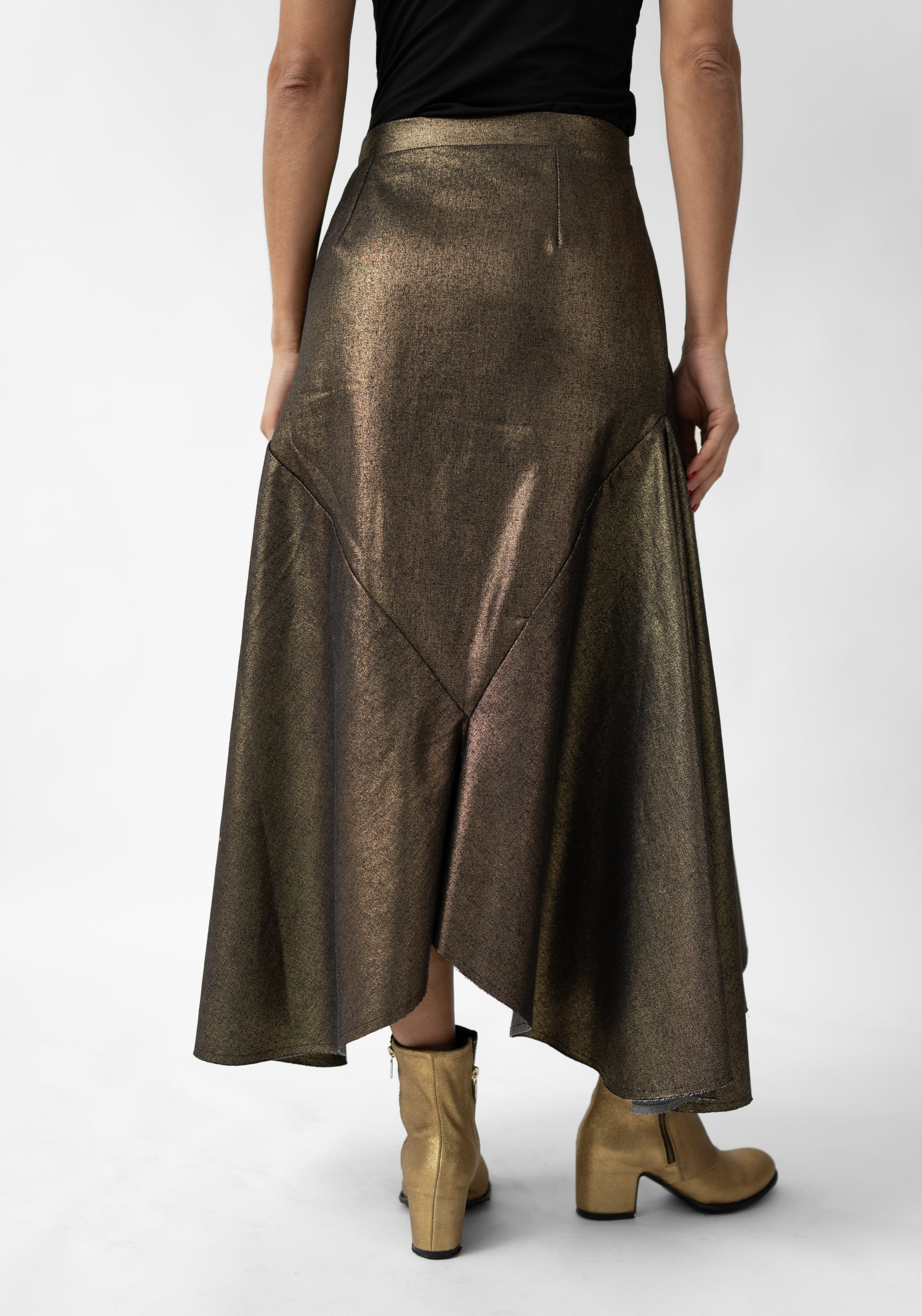Asymmetric Paneled Metallic Denim Maxi Skirt