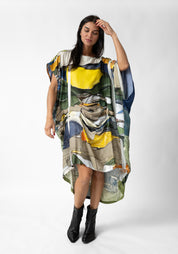 Textile Print Oversized Draped Front Wool Blend Dress