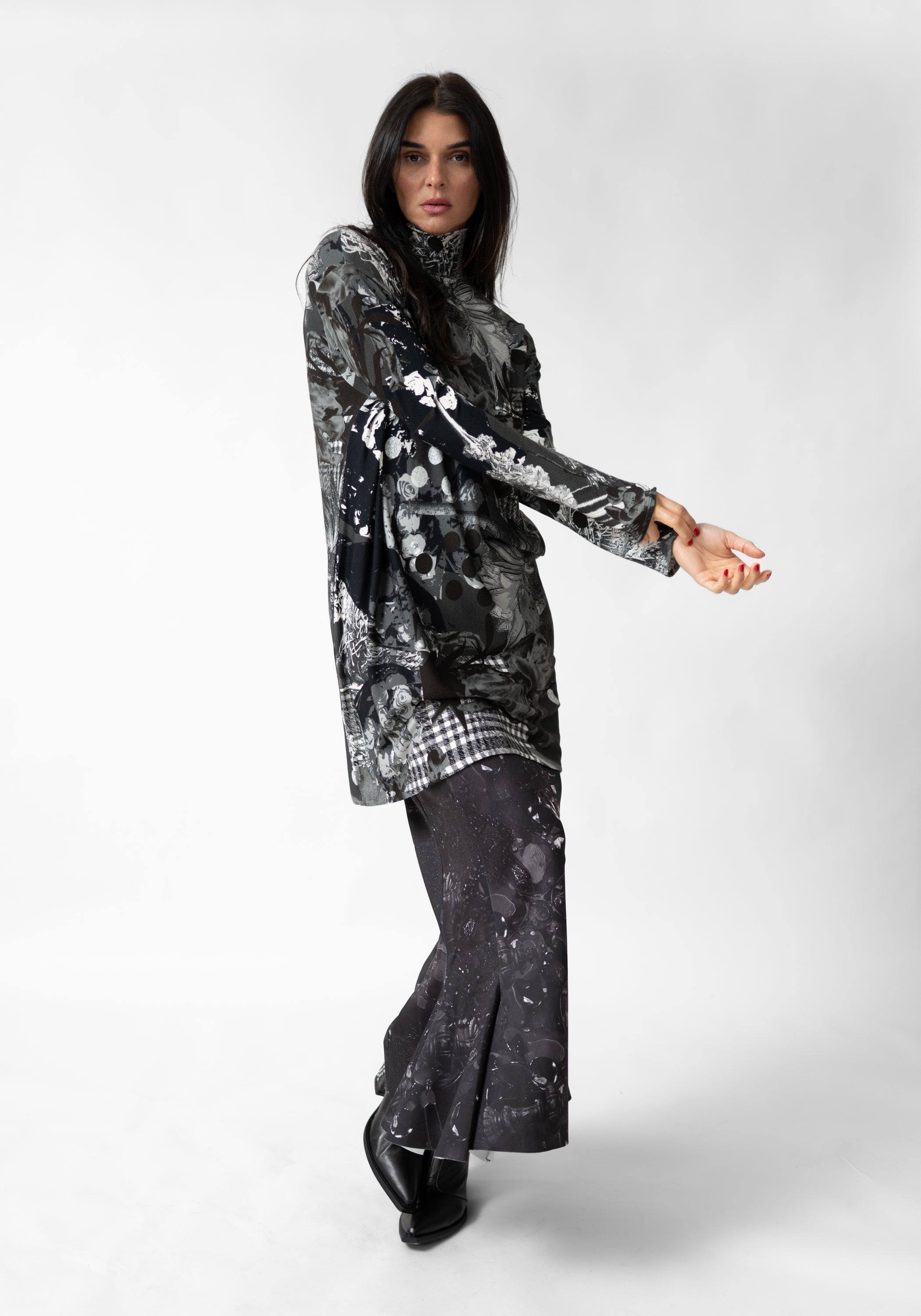 Floral Plaid Print High Neck Jersey Tunic Top