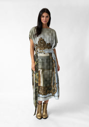 Mirror and Floral Print Oversized Tie Waist Tube Dress