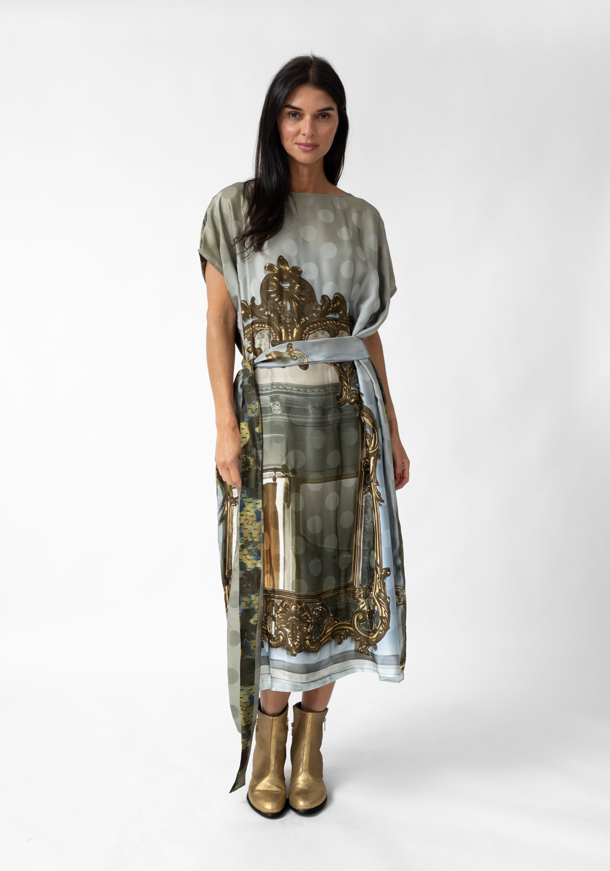 Mirror and Floral Print Oversized Tie Waist Tube Dress