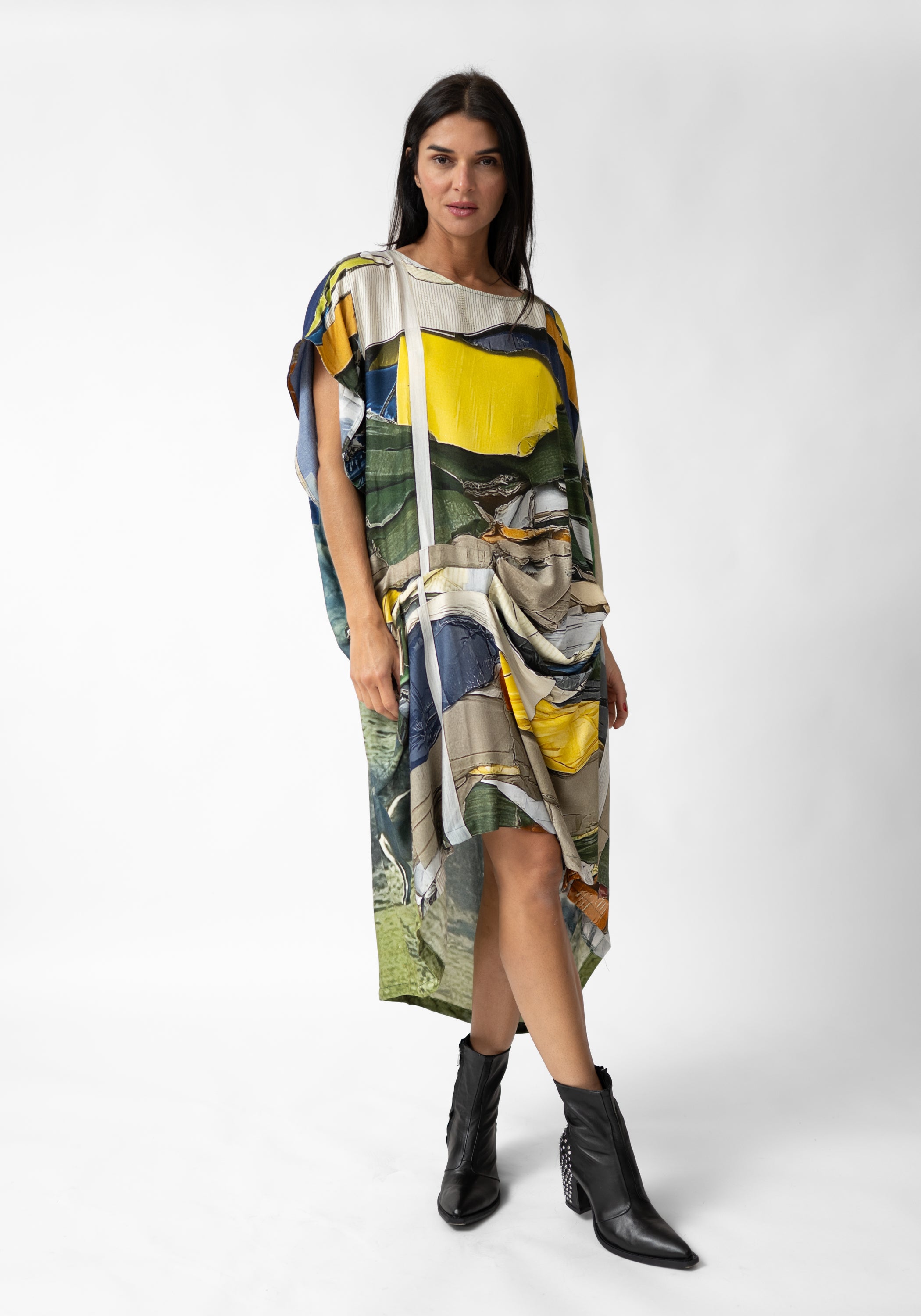Textile Print Oversized Draped Front Wool Blend Dress