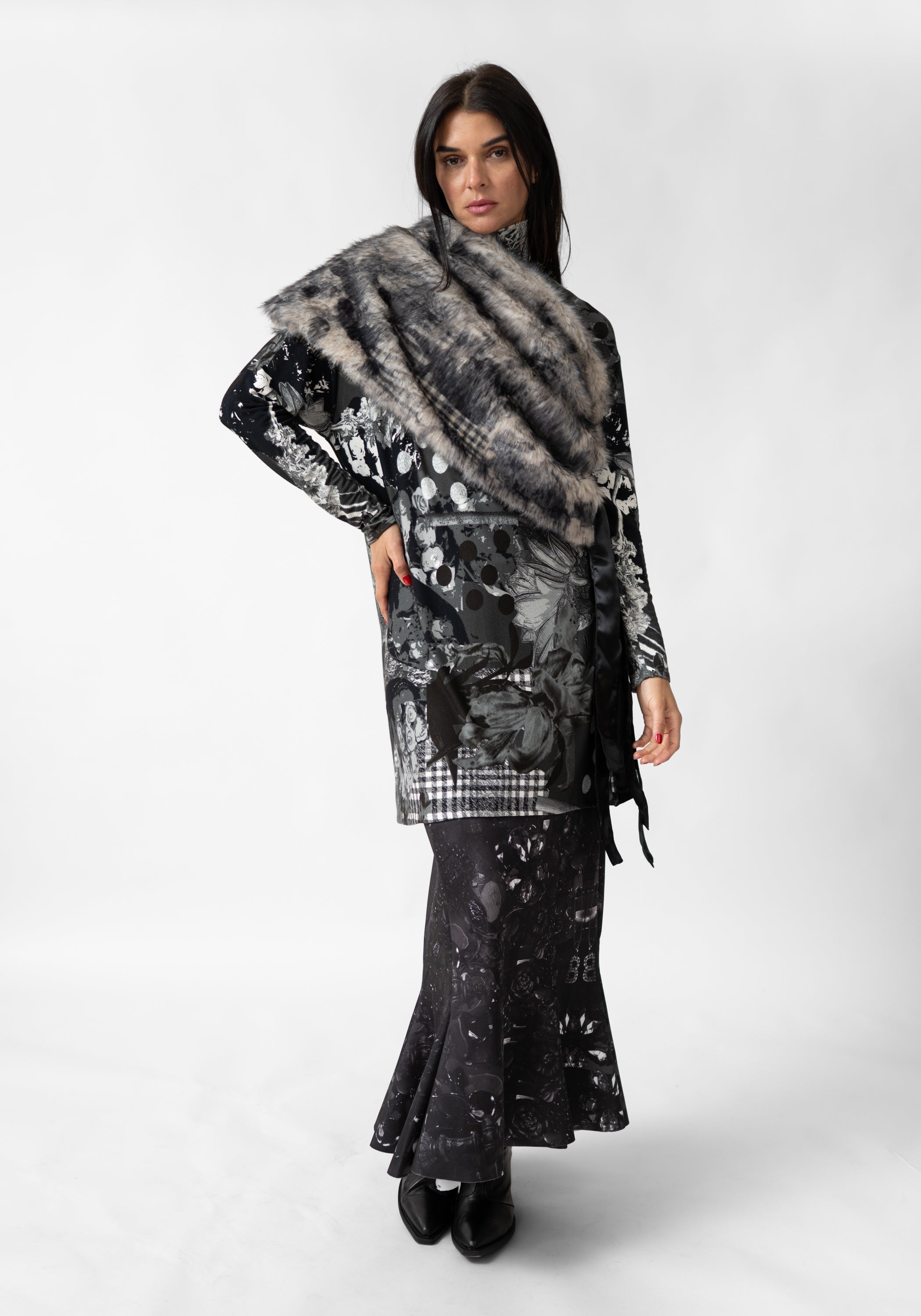 Plaid Print Faux Fur Tie Shrug