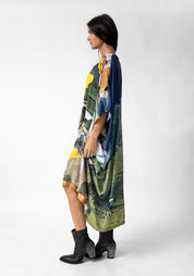 Textile Print Oversized Draped Front Wool Blend Dress