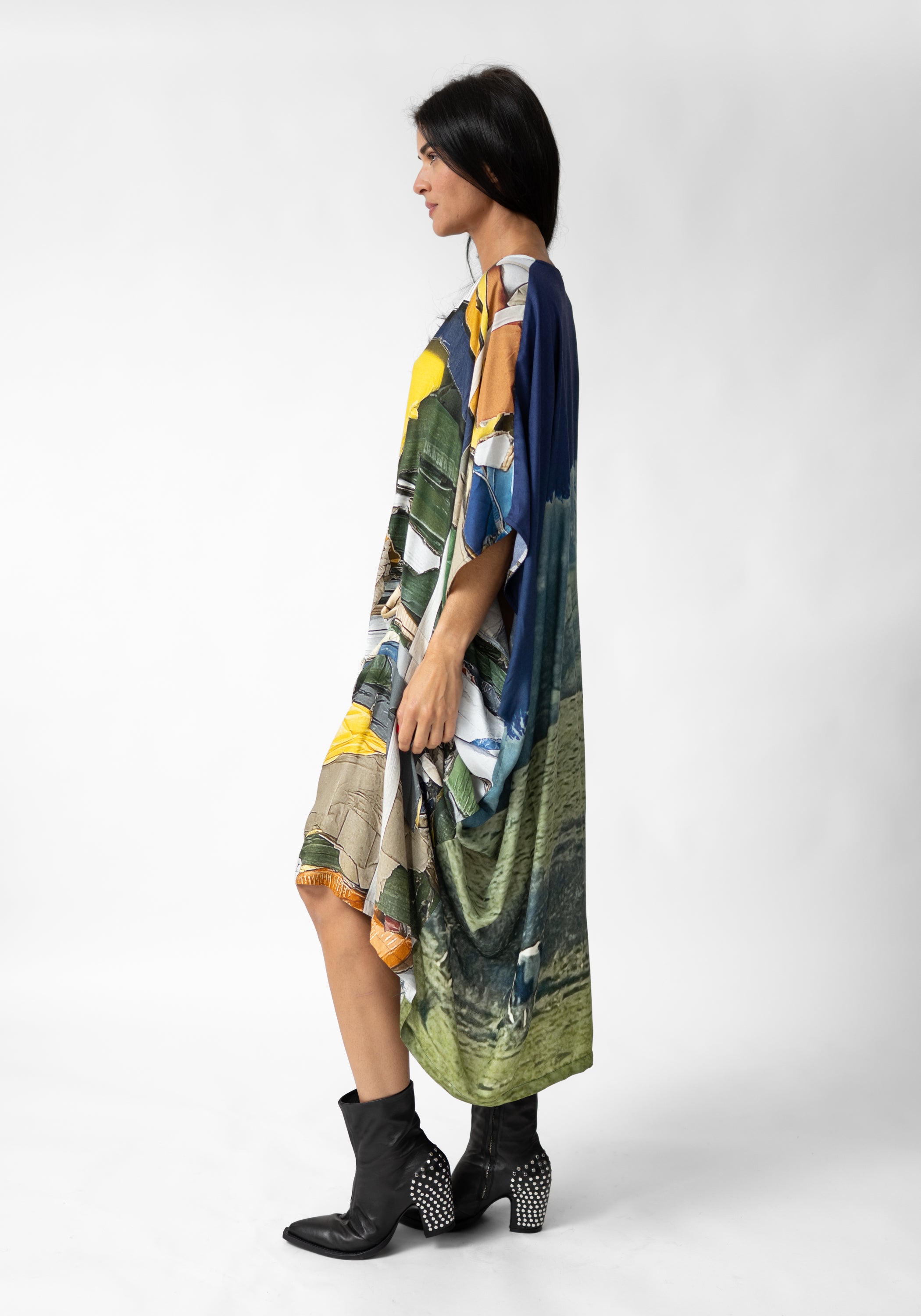 Textile Print Oversized Draped Front Wool Blend Dress
