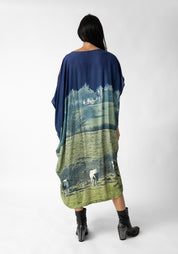 Textile Print Oversized Draped Front Wool Blend Dress