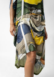 Textile Print Oversized Draped Front Wool Blend Dress